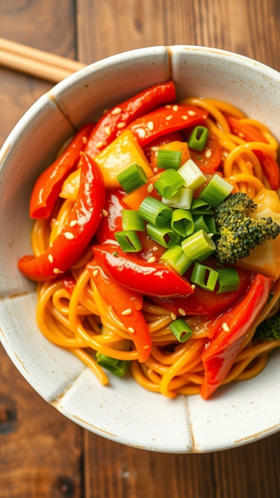 Spicy Noodles with Vegetables Recipe A bowl of spicy noodles with vegetables, garnished with green onions and sesame seeds, on a wooden table.